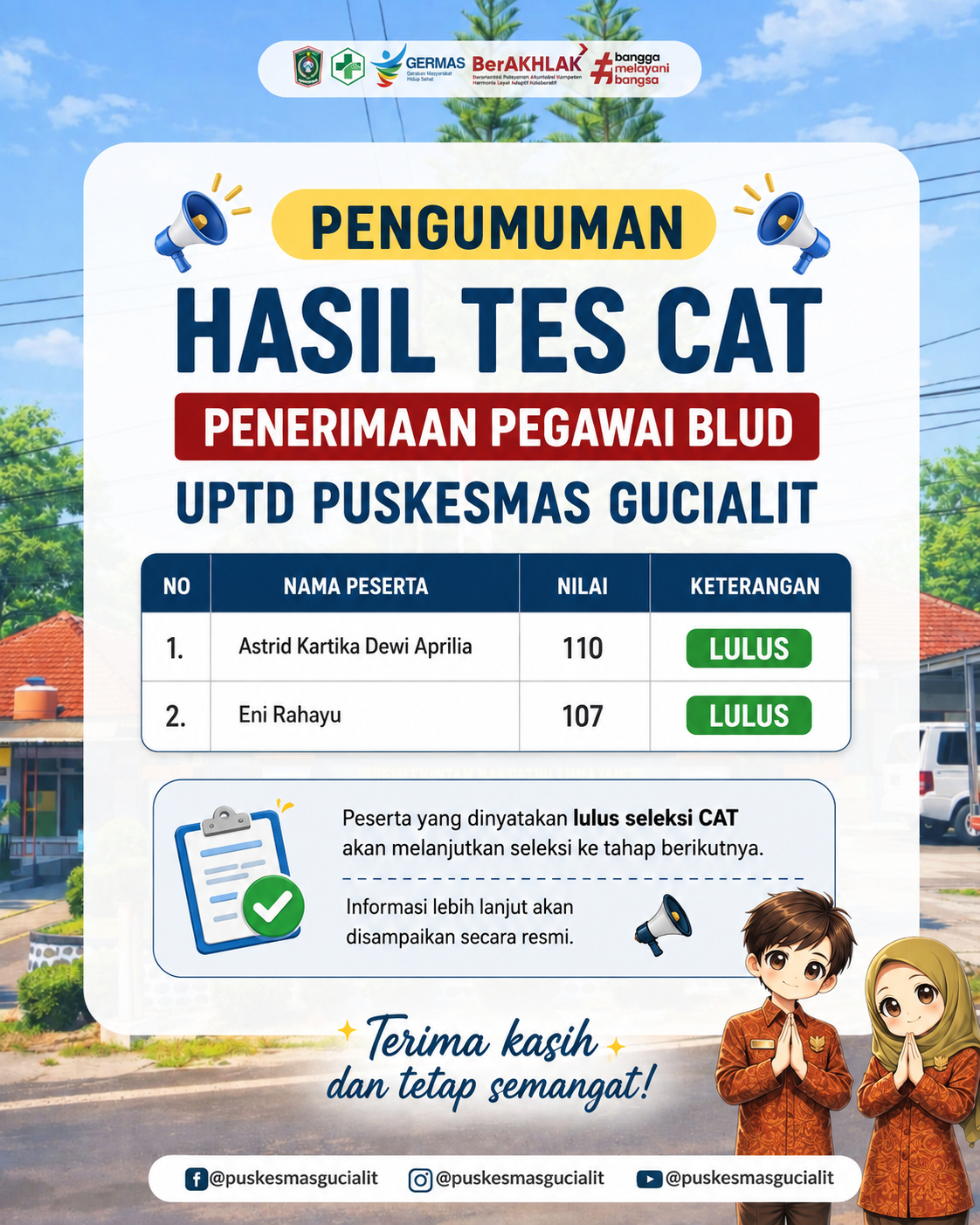PENGUMUMAN HASIL TES CAT PENERIMAAN PEGAWAI BLUD PEREKAM MEDIS UPTD PUSKESMAS GUCIALIT